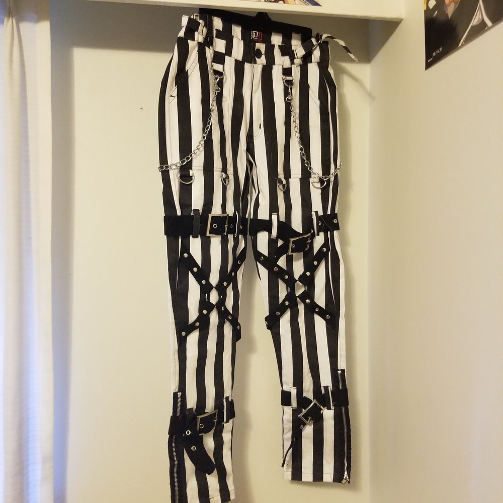 Black and White Striped Men's Pants with Chains